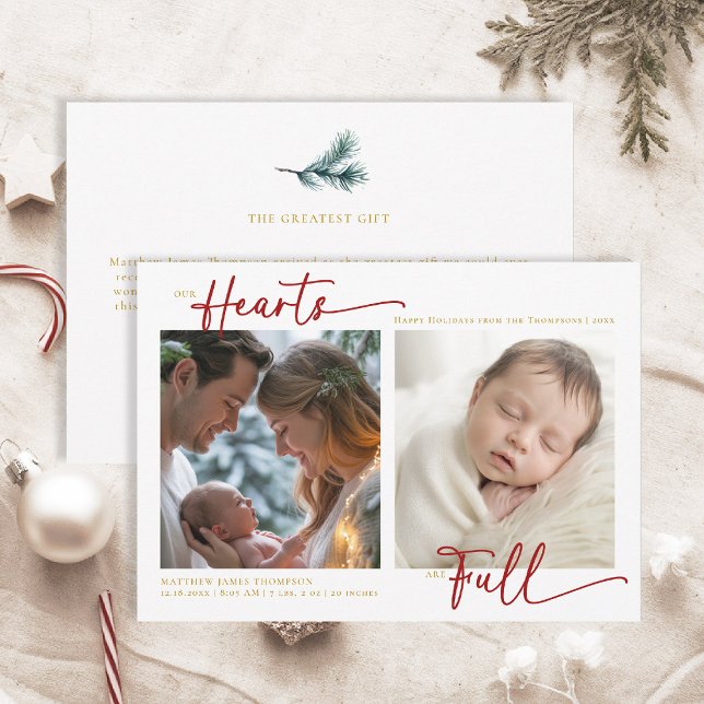 Jul Våra hjärtan röda guld familj bebis 2 bilder Julkort (christmas family card baby announcement card chic calligraphy simple elegant 2 photos red gold)