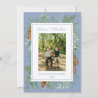 Jul Vatercolor Greenery Botanical Dusty Blue Julkort