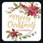 Jul Vaterfärg Poinsettia Guld Red White Fyrkantigt Klistermärke<br><div class="desc">Elegant God jul Julhälsningar blommigt poinsettiketter. Röd,  vit och faux guld glitter färg. Anpassa dem genom att lägga till ditt namn. Perfekt för kort,  inbjudningar,  presenter,  kuvert,  ... .</div>