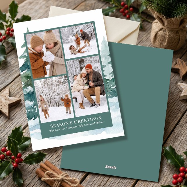 Jul Vattenfärg Foto Collage Skogsträd  Julkort (Share four favorite family memories with this whimsical watercolor tree Christmas photo card.)