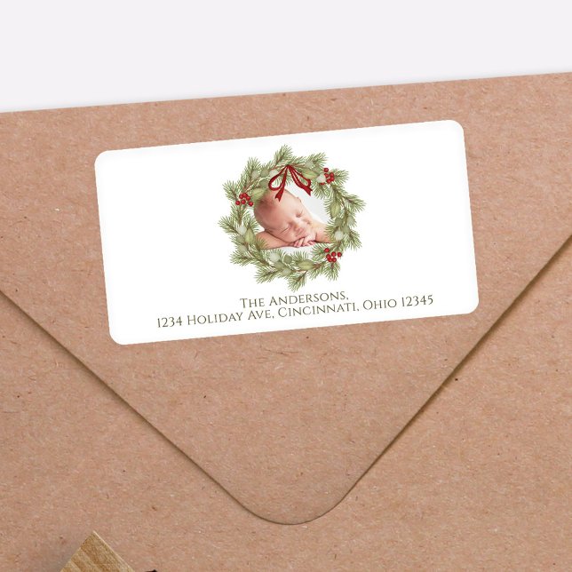 Jul Vattenfärg Greenery Wandeine Folie Adressetikett (Christmas photo greenery and foliage wreath return address label.)