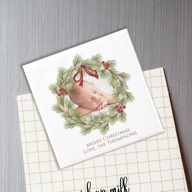 Jul Vattenfärg Greenery Wandeine Folie Magnet (Elegant Christmas holiday greenery, foliage red holly berries photo magnet.)