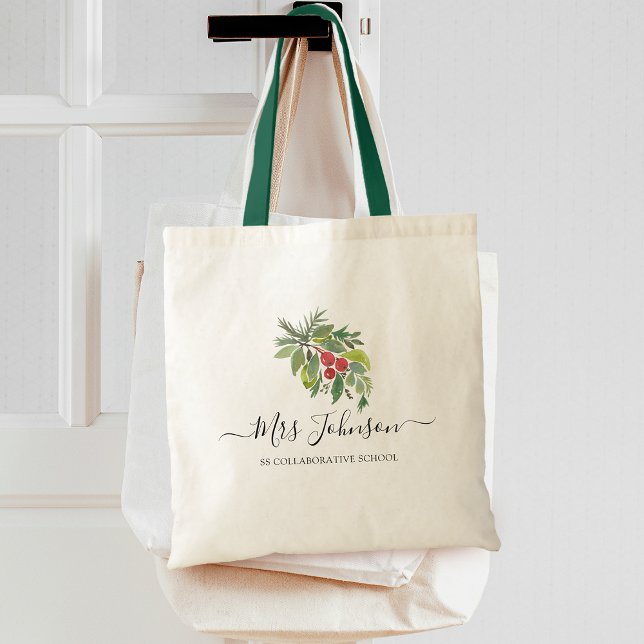 Jul Vattenfärg Grönska Lärare Tygkasse (Christmas Watercolor Greenery Teachers Tote Bag)