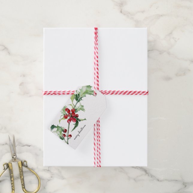 Jul vattenfärg Holly Bär Skript Presentetikett (Med Snöre)