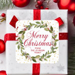 Jul Vattenfärg Holly Wandefrand Guld Red White Fyrkantigt Klistermärke<br><div class="desc">Elegant God jul Julhälsningar grova andetag. Röd,  vit och faux guld foil färg. Anpassa dem genom att lägga till ditt namn. Perfekt för kort,  inbjudningar,  presenter,  kuvert,  ... .</div>