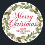 Jul Vattenfärg Holly Wandefrand Guld Red White Runt Klistermärke<br><div class="desc">Elegant God jul Julhälsningar grova andetag. Röd,  vit och faux guld foil färg. Anpassa dem genom att lägga till ditt namn. Perfekt för kort,  inbjudningar,  presenter,  kuvert,  ... .</div>