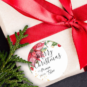 Jul Vattenfärg Poinsettia TILL och FRÅN Runt Klistermärke