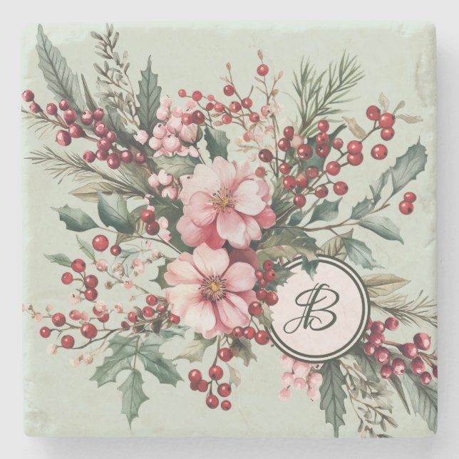 Jul Vattenfärg Rosa Blommig Bär Sten Coa Stenunderlägg (Framsidan)