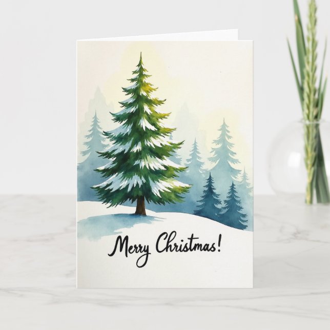 Jul Vattenfärg Snöig Träd Kort (Framsida)