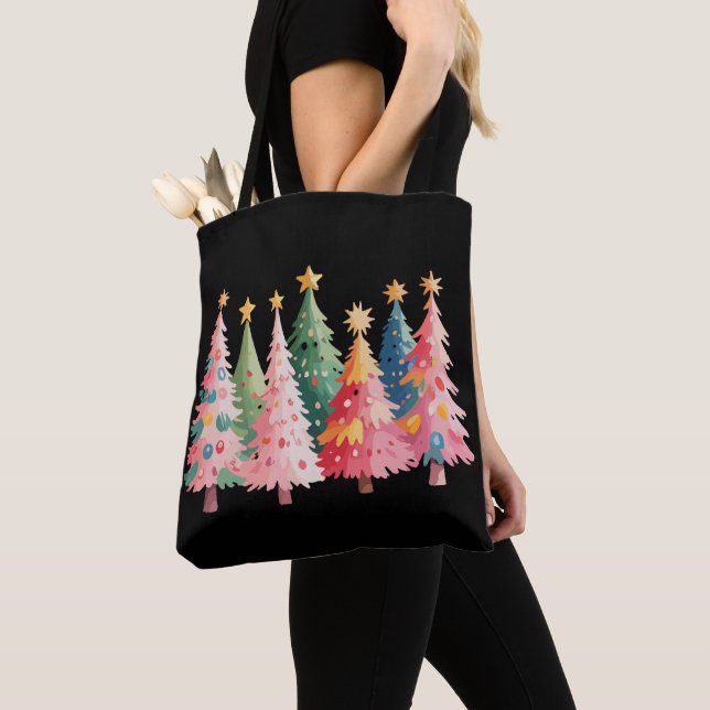 Jul Vattenfärg Träd Söt Xmas Rosa Tygkasse (Närbild)