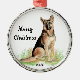 Jul vattenfärgstavla tysk schäferhund julgransprydnad metall