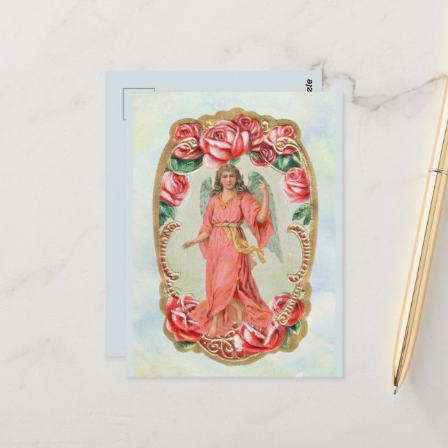 Jul Victorian Angel Framed av Röd ros Guld Vykort (Fram/Back In Situ)