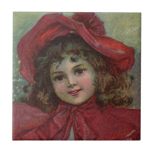 Jul Victorian Barn Påse Röd Hatt Flickas Porträtt Kakelplatta