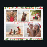 Jul vid Beach 5 Photo Collage Modern Fleecefilt<br><div class="desc">Julen vid Beach 5 Photo Collage Modern Fleece Blanket har en fotokollage av fem av dina favoritfoton med din anpassningsbar i mitten i elegantens röda kalligrafiskript på en vit bakgrund omgiven av en julvänlig mönster av grönska och julbrödande dekorationer. Anpassa genom att redigera texten i textrutorna. Perfekt för födelsedag, jul,...</div>