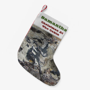 Jul vid Cabin Woodgrain Forest Rustic Liten Julstrumpa