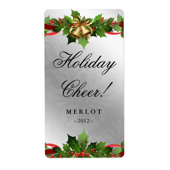 Jul Vin-etikett Holly Silver Klockor Damask Fraktsedel (Framsidan)