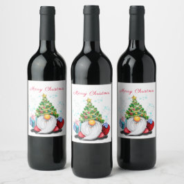 Jul-Vin-etiketten Lycklig Gnome med Gift Vinflaska Etikett