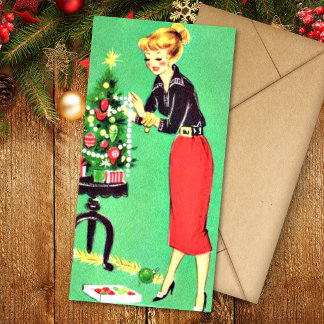Jul Vintage Girl Decorates Träd Julkort