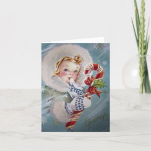 Jul Vintage Girl with Candy cane Helgkort