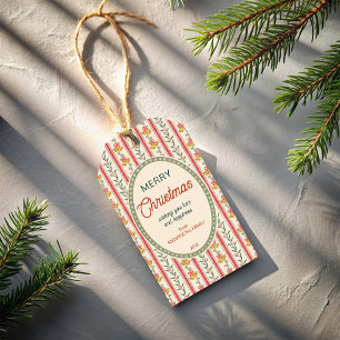 Jul vintage röd grön randig med klockor presentetikett