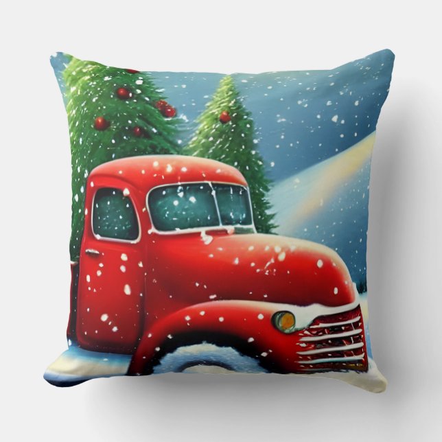 Jul Vintage röda lastbil och snöiga träd Kudde (Framsida)