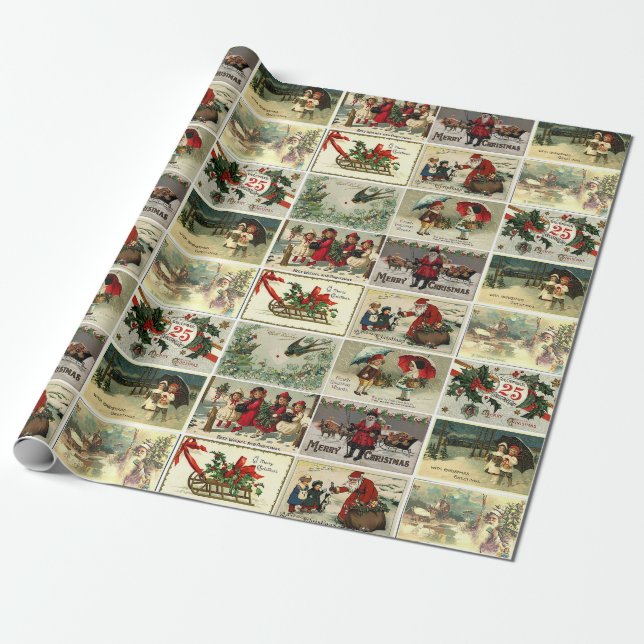Jul Vintagekort Santa Claus Collage Presentpapper (Utrullad)