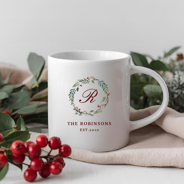 Jul Vinter Bär Krans Familjenamn Monogram Kaffemugg (Skapare uppladdad)