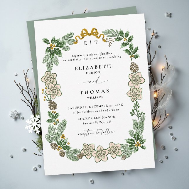 Jul Vinter Botanisk Salvia Grön Guld Bröllop Inbjudningar (winter wedding invitation sage green white botanical greenery foliage elegant modern classic formal)