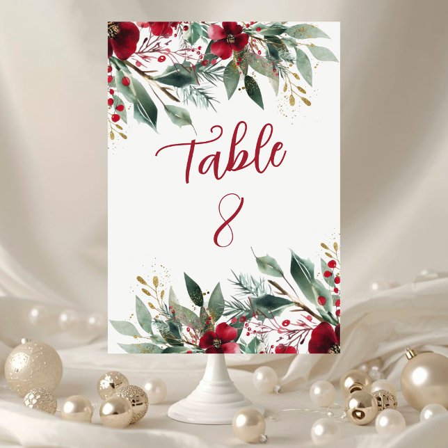 Jul Vinter Bröllop Röd Holly och Grönska Bordsnummer (Christmas Winter Wedding Red Holly and Greenery Table Number)