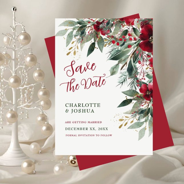 Jul Vinter Bröllop Rött Holly och Grönska Spara Datumet (Christmas Winter Wedding Red Holly and Greenery Save The Date)