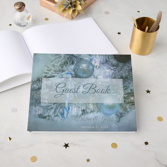Jul Vinter Bröllopsprydnader Blå Teal Träd Gästböcker (Framsida Öppen)