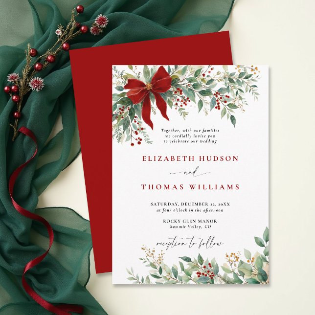 Jul Vinter Grönska Båge Röd Rustik Bröllop Inbjudningar (christmas wedding invitation card template design winter greenery watercolor botanical rustic chic)