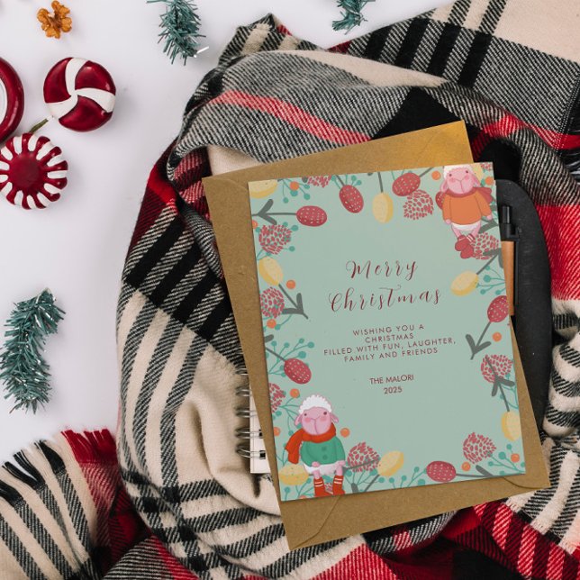 Jul Vinter Lamm Blommig Kant Illustration Vykort (Skapare uppladdad)