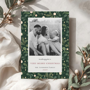 Jul Vinter Lövverk Dubbelsidig Familjefoto Julkort