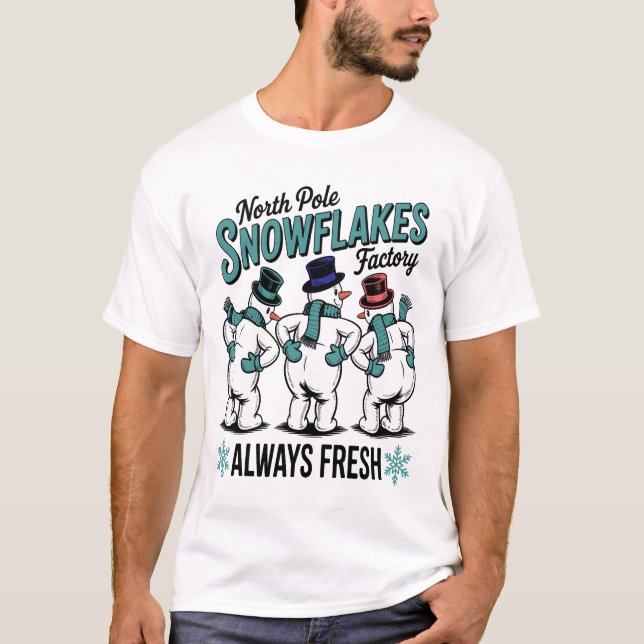 Jul Vinter: Snöflingor Fabrik Alltid Färsk T Shirt (Framsida)