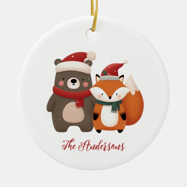Jul/Vinter Söt Björn & Räv Julgransprydnad Keramik (Framsidan)