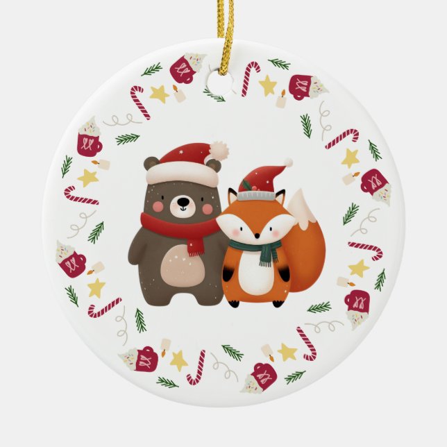 Jul/Vinter Sötnosig Björn & Räv Julgransprydnad Keramik (Framsidan)