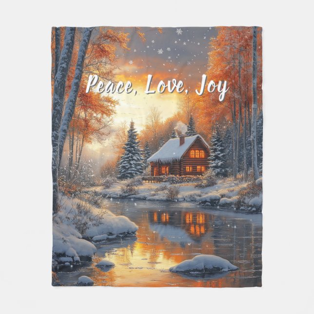 Jul Vinter Stuga vid flod Sol    Fleecefilt (Framsidan)