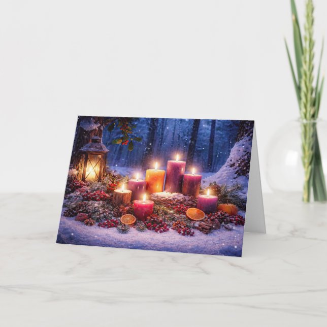 Jul vintersonsolstånd ljus och lykta snö kort (Framsida)
