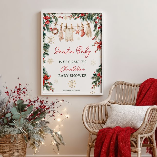 Jul vinträdklädstreck med tomte baby shower poster (Christmas Winter Clothesline Santa Baby Shower Poster)