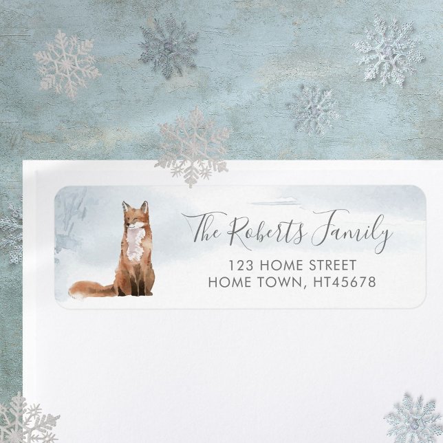 Jul vintrigt skogsscen med räv returadress etikett (Christmas Winter Woodland Scene Fox Label)