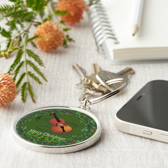 Jul Violin, festlig design. Rund Silverfärgad Nyckelring (Sidan)