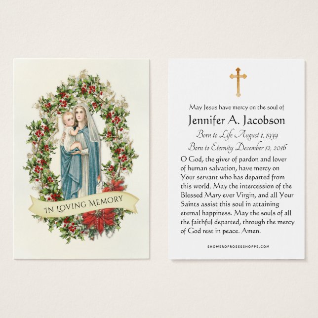 Jul Virgin Mary Funeral Memorial Heliga Card Visitkort (Framsida & baksida)