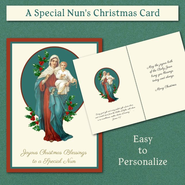 Jul Virgin Mary Jesus katolik Nun Rosary Hälsningskort (Traditional Catholic Nun's Christmas Card with Virgin Mary and Jesus )