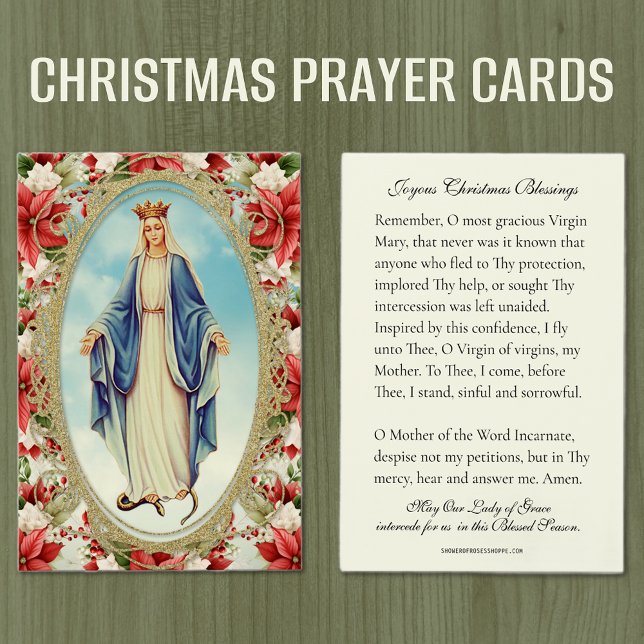 Jul Virgin Mary Memorare Prayer Poinsettia Visitkort (Christmas Memorare Prayer Cards - Our Lady of Grace )