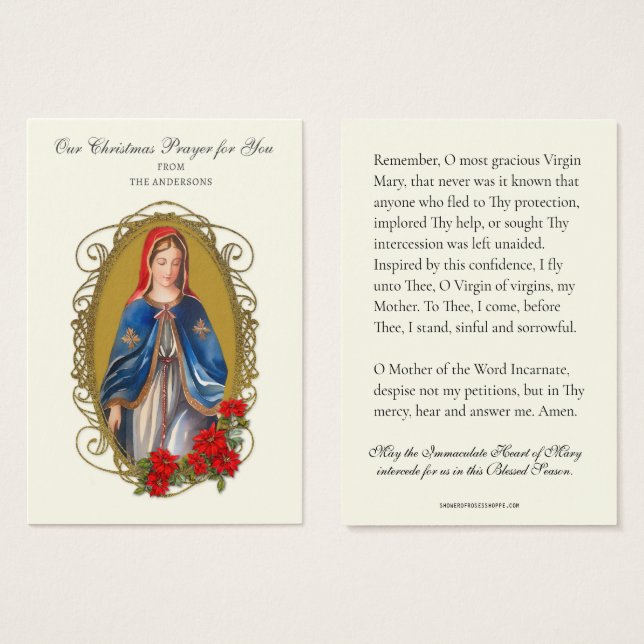 Jul Virgin Mary Memorare Prayer Poinsettia Visitkort (Framsida & baksida)