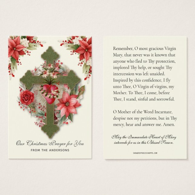 Jul Virgin Mary Memorare Prayer Poinsettia Visitkort (Framsida & baksida)