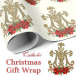Jul Virgin Mary Monogram Poinsettia Presentpapper<br><div class="desc">Med en vacker katolsk religiösa guld monogram av Marian "M" med lilies och röda poinsettias nedan.</div>
