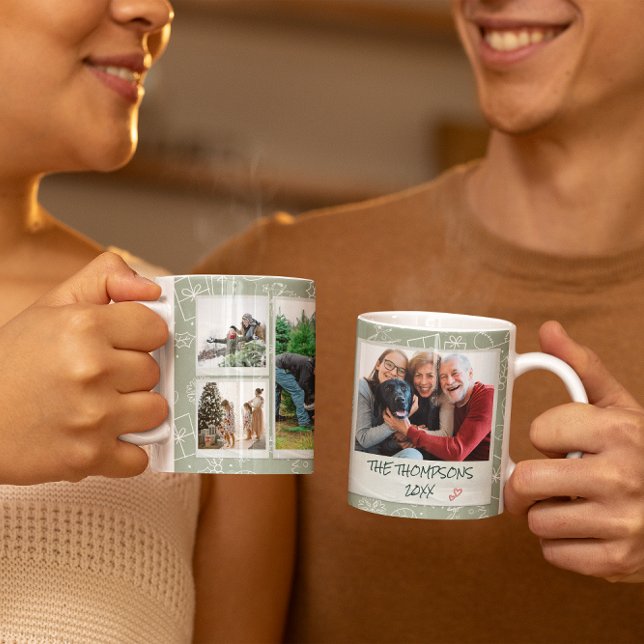 Jul Vit Grön Doodles 6 Foto Familj Present Kaffemugg (Skapare uppladdad)