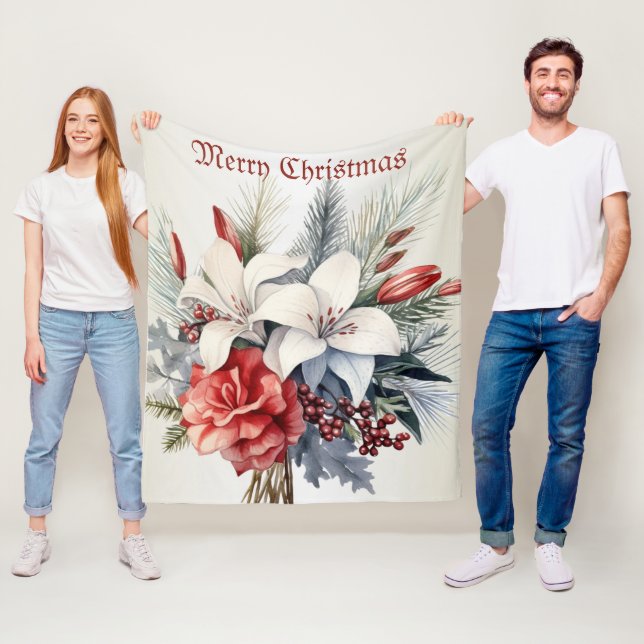 Jul Vit Röda Blommor Högtider Elegant Fleecefilt (På plats)